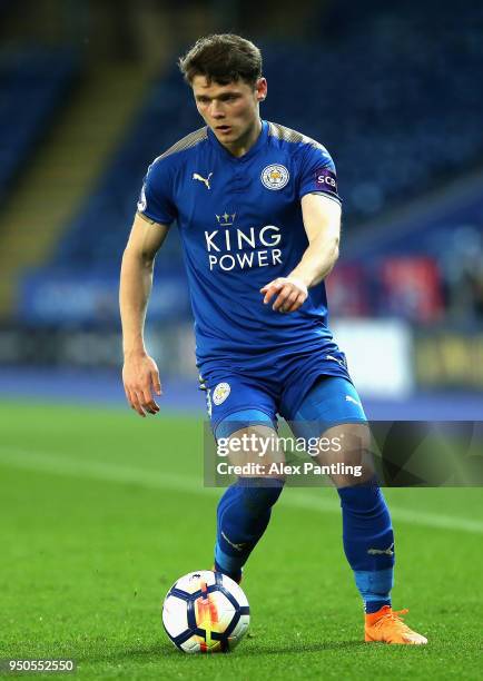 Connor Wood of Leicester City runs with the ball during the Premier league 2 match between Leicester City and Derby County at King Power Stadium on...