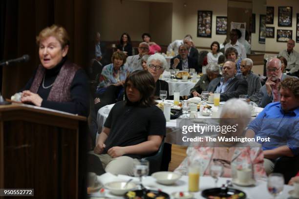 Holocaust survivor, Josiane Traum shares her story during the annual brunch honoring holocaust survivors, held at The Progress Club on April 22, 2018...