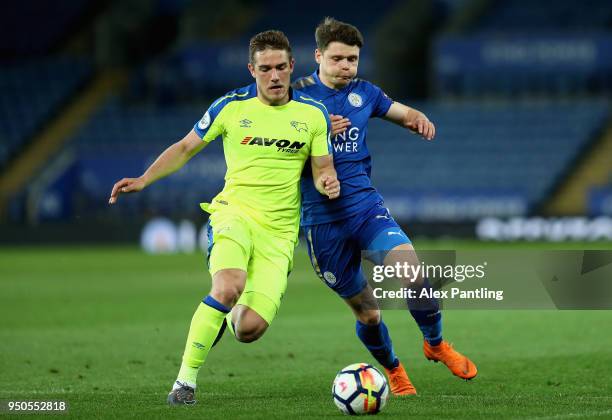 Connor Wood of Leicester City clashes with Timi Max Elsnik of Derby County during the Premier league 2 match between Leicester City and Derby County...