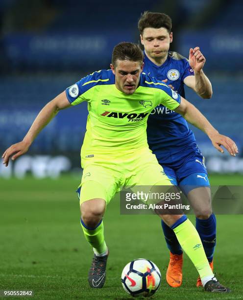Connor Wood of Leicester City clashes with Timi Max Elsnik of Derby County during the Premier league 2 match between Leicester City and Derby County...