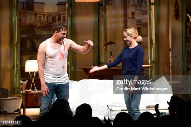 Thomas Sadoski and Anna Camp attend the Pasadena Playhouse Presents Opening Night Of "Belleville" Curtain Call at Pasadena Playhouse on April 22,...