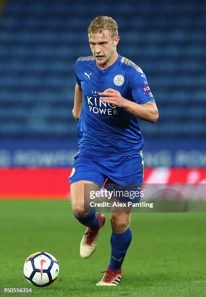 Sam Hughes of Leicester City runs with the ball during the Premier league 2 match between Leicester City and Derby County at King Power Stadium on...