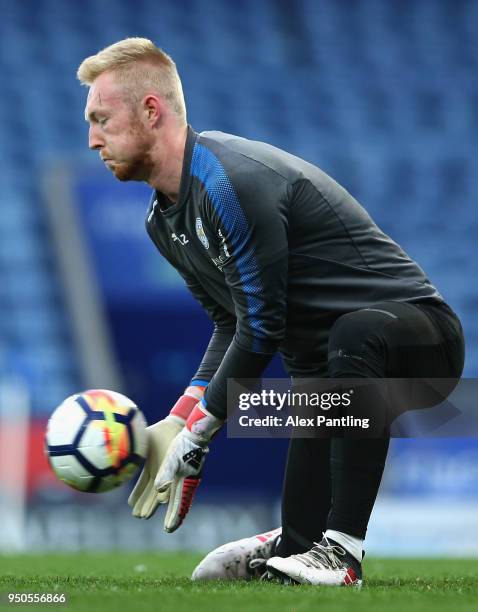 Cameron Yates of Leicester City warms up prior to the Premier league 2 match between Leicester City and Derby County at King Power Stadium on April...