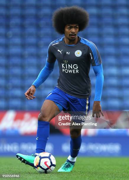 Hamza Choudhury of Leicester City warms up prior to the Premier league 2 match between Leicester City and Derby County at King Power Stadium on April...