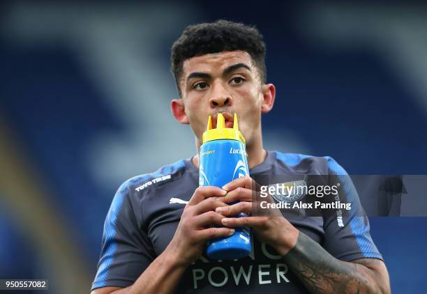 Josh Gordon of Leicester City warms up prior to the Premier league 2 match between Leicester City and Derby County at King Power Stadium on April 23,...