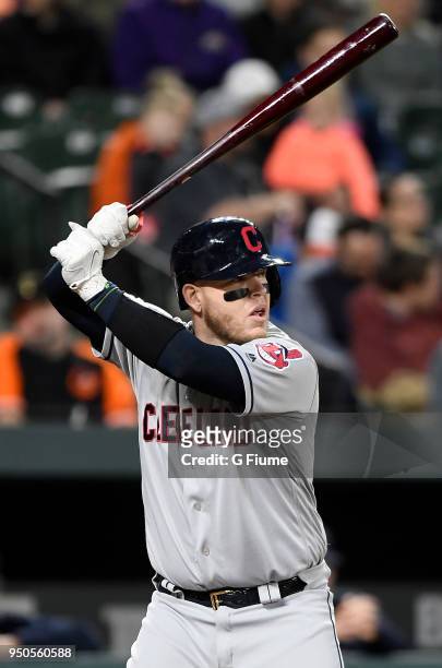 Roberto Perez of the Cleveland Indians bats against the Baltimore Orioles at Oriole Park at Camden Yards on April 20, 2018 in Baltimore, Maryland.