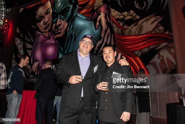 Audience members enjoy the beer garden on opening night of the Marvel: Universe of Super Heroes exhibit at MoPop on April 20, 2018 in Seattle,...