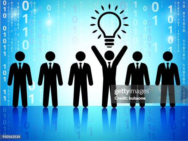 business stick figures with idea on on binary code blue background - binary code lightbulb stock illustrations