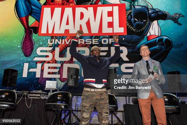 Pete Rock celebrates on stage as MoPop curator Brooks Peck announces his music will appear in Season 2 of Luke Cage at opening night of the Marvel:...