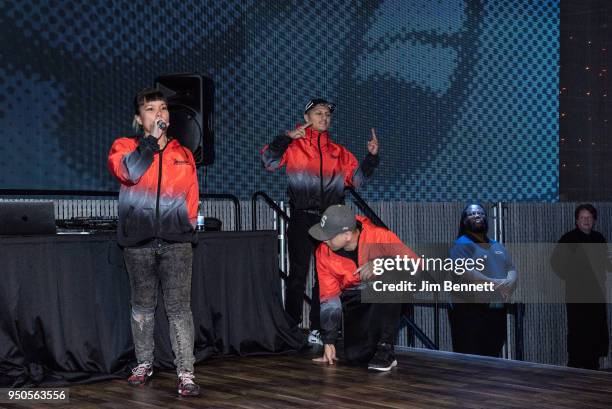 Breakdance troop Massive Monkees perform live on stage on opening night of the Marvel: Universe of Super Heroes exhibit at MoPop on April 20, 2018 in...