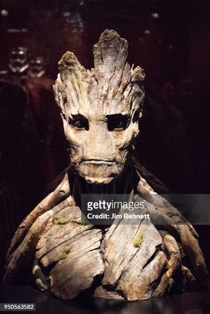 Replica of the Marvel character Groot is on display on opening night of the Marvel: Universe of Super Heroes exhibit at MoPop on April 20, 2018 in...