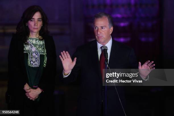 Jose Antonio Meade, presidential candidate of the Coalition All For Mexico speaks after the first Presidential Debate at Palacio de Mineria on April...