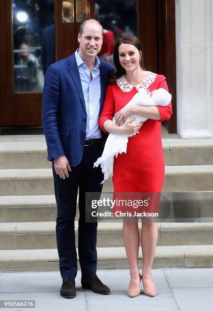 Prince William, Duke of Cambridge and Catherine, Duchess of Cambridge depart the Lindo Wing with their new born son Prince Louis of Cambridge at St...