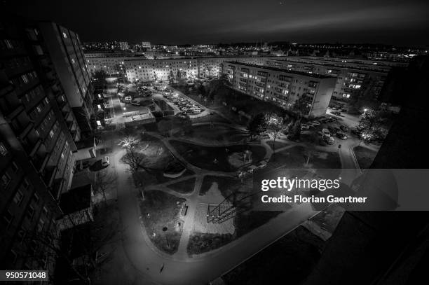 Image has been converted to black and white.) STENDAL, GERMANY Blocks of flats are pictured at dusk on April 20, 2018 in Stendal, Germany.