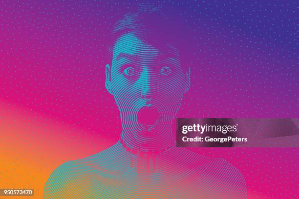 woman with shocked facial expression and halftone pattern - head wound stock illustrations