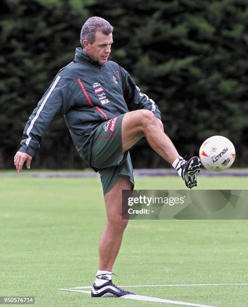 Mexico's head coach, Javier Aguirre, kicks the ball during a team practice at Carmel Club in Bogota, Colombia on 28 July 2001. Mexico will face...