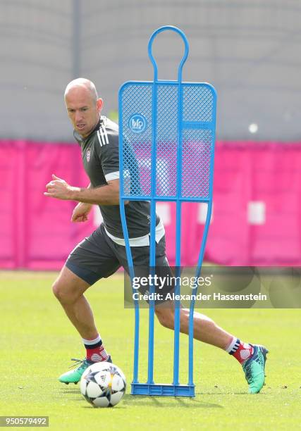 Arjen Robben of Bayern Muenchen in action during a Bayern Muenchen training session ahead of the UEFA Champions League 1st leg semi-final match...