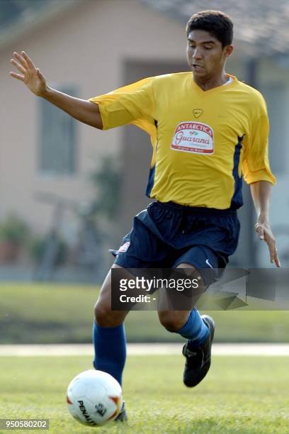 Jardel, forward of the Brazilian soccer team, controls the ball, 11 July 2001, during a training session in Cali, Colombia, in preparation for their...