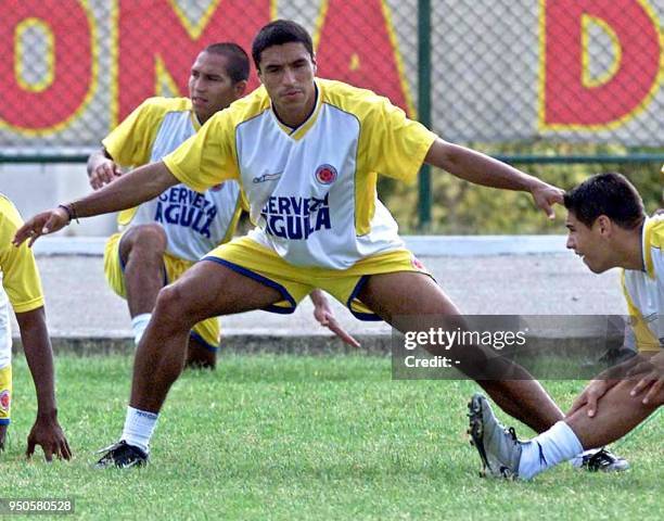 Colombian soccer player, Ivan Ramiro Cordoba, does warm up exercises during training for the Copa America 10 July, 2001 in Barranquilla, Colombia....