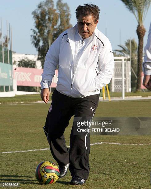 New coach of the Tunisia national soccer team, Tunisian Faouzi Benzarti attends his first training session with the team on December 22, 2009 at the...