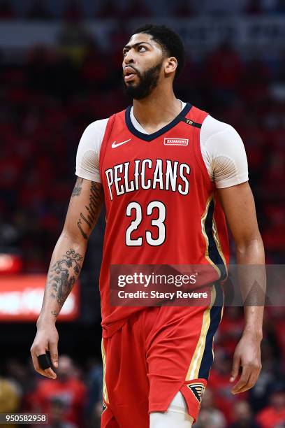 Anthony Davis of the New Orleans Pelicans walks backcourt during a game against the Portland Trail Blazers during Game Four of the first round of the...