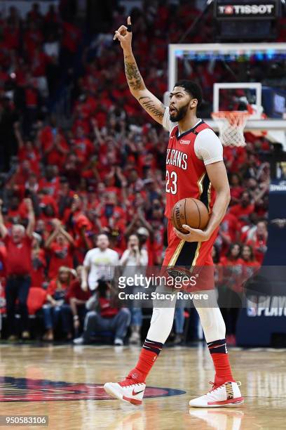 Anthony Davis of the New Orleans Pelicans reacts to a victory over the Portland Trail Blazers in Game Four of the first round of the Western...