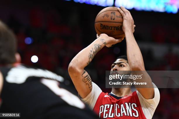 Nikola Mirotic of the New Orleans Pelicans shoots a free throw against the Portland Trail Blazers during Game Four of the first round of the Western...
