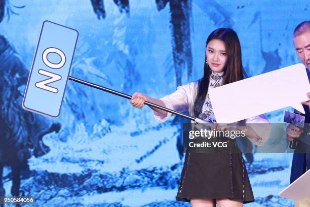 Actress Lin Yun attends the press conference of film 'Genghis Khan' on April 23, 2018 in Beijing, China.