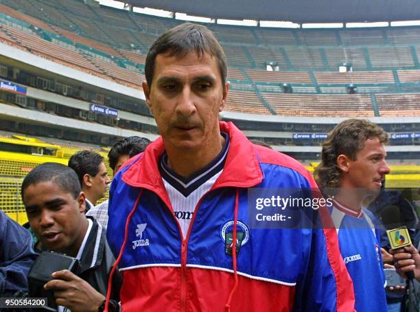 Alexander Guimaraes , head coach of the Costa Rican soccer team, talks to the press after practice at the Azteca Stadium, in Mexico City, 15 June...