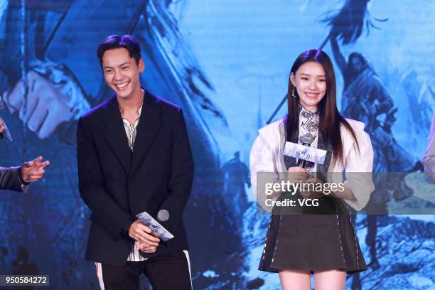 Actor William Chan and actress Lin Yun attend the press conference of film 'Genghis Khan' on April 23, 2018 in Beijing, China.