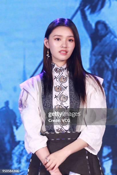 Actress Lin Yun attends the press conference of film 'Genghis Khan' on April 23, 2018 in Beijing, China.