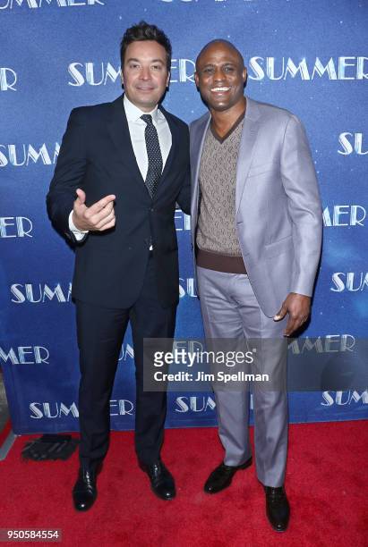 Personalities Jimmy Fallon and Wayne Brady attend the "Summer: The Donna Summer Musical" Broadway opening night at Lunt-Fontanne Theatre on April 23,...