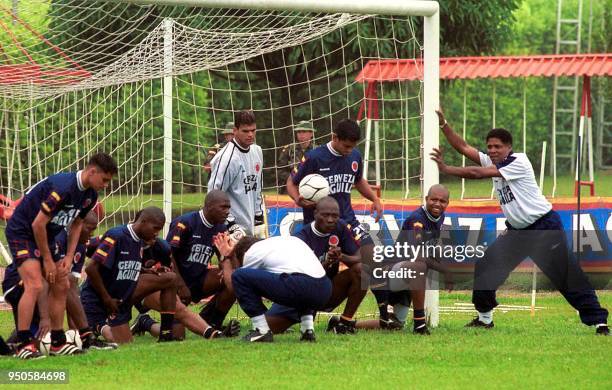 The head coach of the Colombian soccer team, Francisco Maturana , stretches with his team, in Cali, 25 May 2001. El tecnico Francisco Maturana...