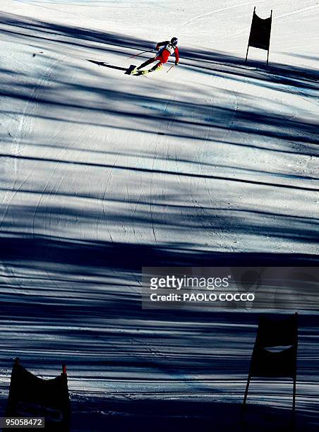 Italy's Manuela Moelgg speeds down to reach the 58th best time during the 5th Women's World Cup Downhill first day officilal training in the Italian...