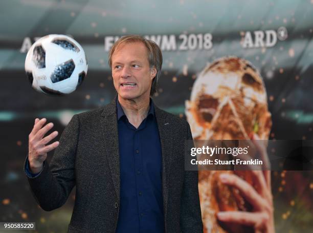 Gerhard Delling poses for a picture during the ARD and ZDF FIFA World Cup presenter team presentation on April 23, 2018 in Hamburg, Germany.