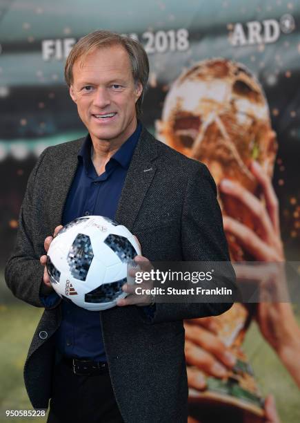 Gerhard Delling poses for a picture during the ARD and ZDF FIFA World Cup presenter team presentation on April 23, 2018 in Hamburg, Germany.
