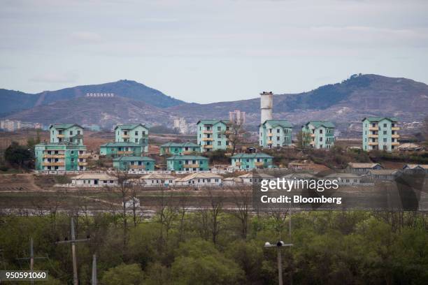 North Korea's Gijungdong village is seen from the Daeseong-dong village in the Demilitarized Zone in Paju, South Korea, on Tuesday, April 24, 2018....