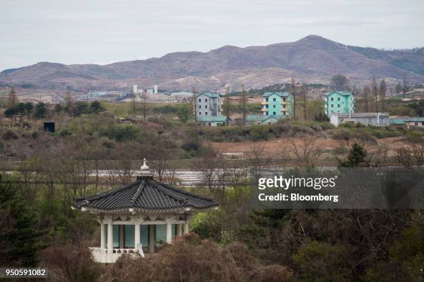 North Korea's Gijungdong village is seen from the Daeseong-dong village in the Demilitarized Zone in Paju, South Korea, on Tuesday, April 24, 2018....