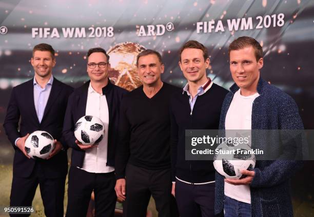 Thomas Hitzlsperger, Matthias Opdenhoevel, Stefan Kuntz, Alexander Bommes and Hannes Wolf pose for a picture during the ARD and ZDF FIFA World Cup...