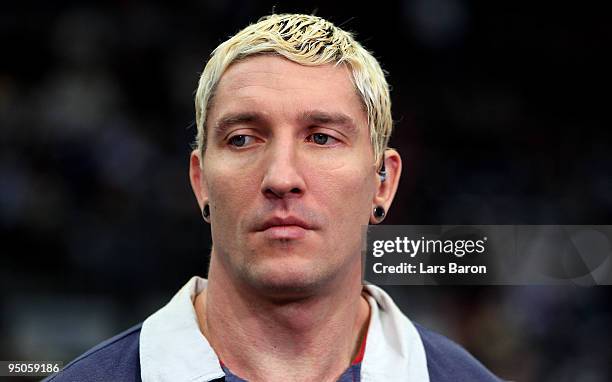 Expert and former national player Stefan Kretzschmar is seen during the Toyota Handball Bundesliga match between VfL Gummersbach and SC Magdeburg at...