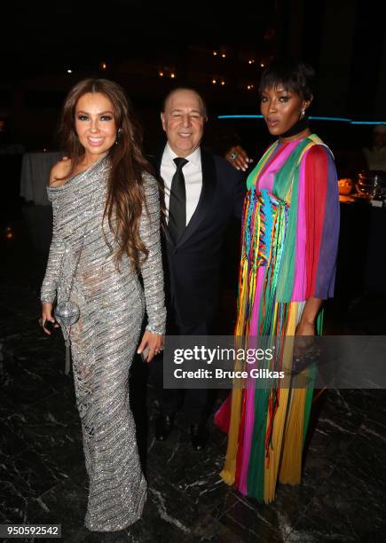 Thalia, Tommy Mottola and Naomi Campbell pose at the opening night after party for "Summer: The Donna Summer Musical" on Broadway at The New York...