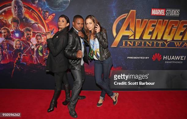 Walter Emanuel Jones, Carolina Ravassa and Anjali Bhimani attend the Avengers: Infinity War Special Event Screening on April 24, 2018 in Melbourne,...