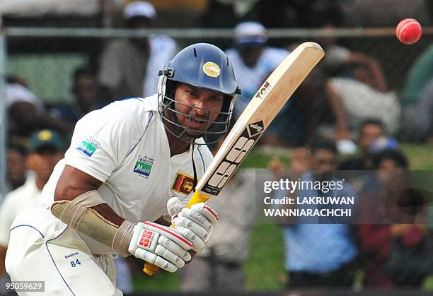 Sri Lankan cricket captain Kumar Sangakkara bats during the third day of the second Test match between Pakistan and Sri Lanka at The P. Saravanamuttu...