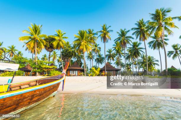 tourist resort's bungalows on the beach, ko mook, thailand - oceano índico fotografías e imágenes de stock