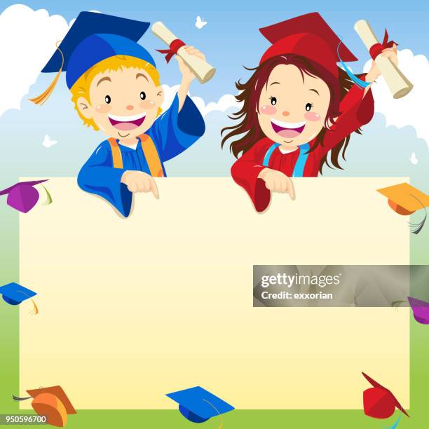 graduate pointing at signboard - graduation gown stock illustrations