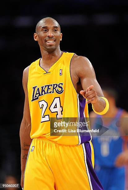 Kobe Bryant of the Los Angeles Lakers celebrates during the game against the Oklahoma City Thunder at Staples Center on December 22, 2009 in Los...