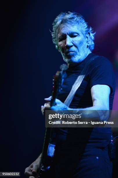 English musician Roger Waters ex leader of the Pink Floyd rock 'n' roll band performs on stage at Unipol Arena on April 21, 2018 in Bologna, Italy.