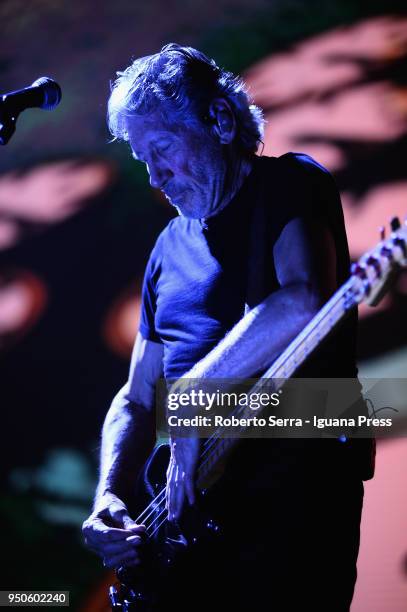 English musician Roger Waters ex leader of the Pink Floyd rock 'n' roll band performs on stage at Unipol Arena on April 21, 2018 in Bologna, Italy.
