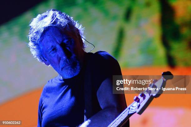 English musician Roger Waters ex leader of the Pink Floyd rock 'n' roll band performs on stage at Unipol Arena on April 21, 2018 in Bologna, Italy.