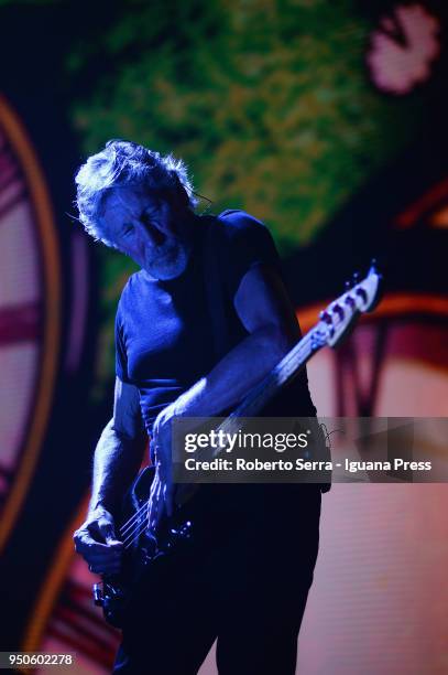 English musician Roger Waters ex leader of the Pink Floyd rock 'n' roll band performs on stage at Unipol Arena on April 21, 2018 in Bologna, Italy.